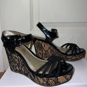 Anne Klein Black and Tan Lace Wedge Sandals